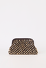 A small black clutch bag covered in gold and silver rhinestones, set against a plain white background.