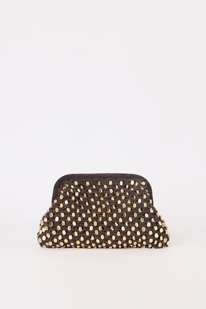 A small black clutch bag covered in gold and silver rhinestones, set against a plain white background.