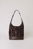 [color:chocolate] A dark brown leather shoulder bag with a long fringe detail along the front and a single adjustable strap, photographed against a neutral light gray background.
