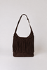 [color: CHOCOLATE] A chooclate brown suede shoulder bag with a long fringe trim and a single adjustable strap, photographed against a plain white background.