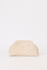 Woven leather cream leather clutch against a beige backdrop