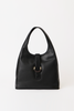 [color:black] A black leather hobo-style shoulder bag with a braided strap detail and a gold-tone circular buckle, photographed against a plain white background.
