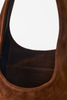 [color: chocolate] Close-up of a brown suede shoulder bag showing the interior lining with an embossed 'BTB' logo, set against a plain white background.