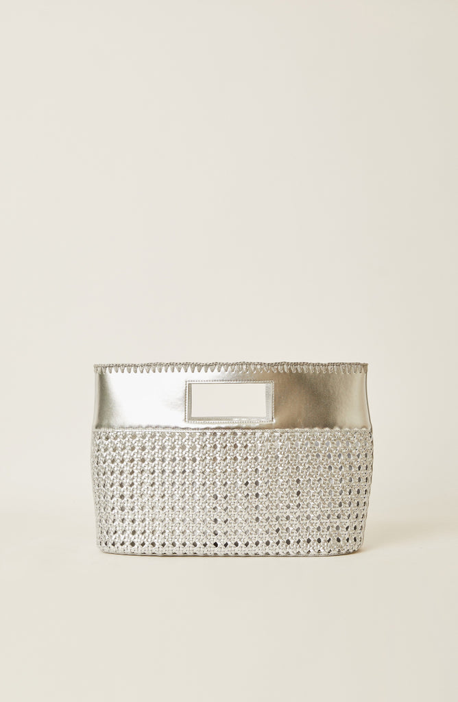 A silver metallic clutch bag with a woven textured body and a smooth silver top band, shown against a plain cream background.