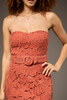 A woman wearing a strapless terracotta lace dress with a matching fabric belt and large round buckle, photographed against a plain gray studio background.