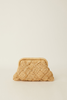 A small woven straw clutch bag with a diamond-patterned texture and a light tan metal clasp frame, set against a solid off-white background.